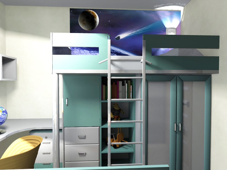 wizualizacja zabudowy z szafa i łóżkiem