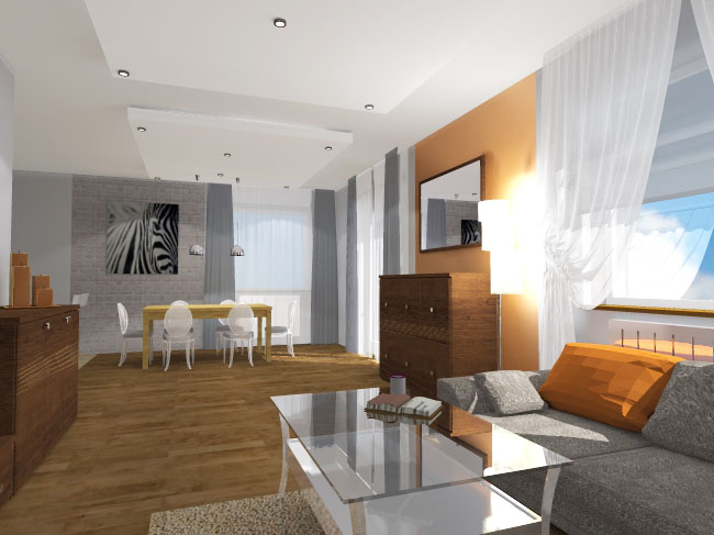 wizualizacja projektu salonu z jadalnia w domu jednorodzinnym