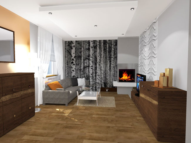 wizualizacja salonu z kominkiem