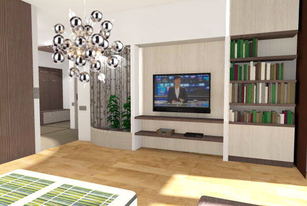wizualizacja zabudowy w salonie w domu jednorodzinnym