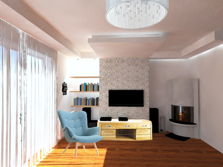 wizualizacja salonu z kominkiem