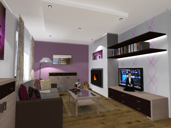 projekt wąskiego salonu z kominkiem