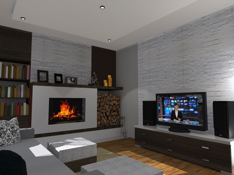 wizualizacja salonu z kominkiem w domu w Gdańsku