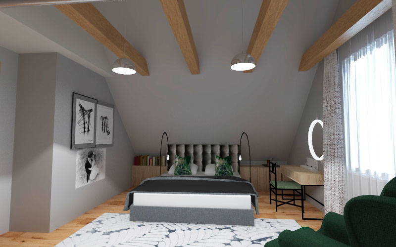 projekt nowoczesnej sypialni ze skosami